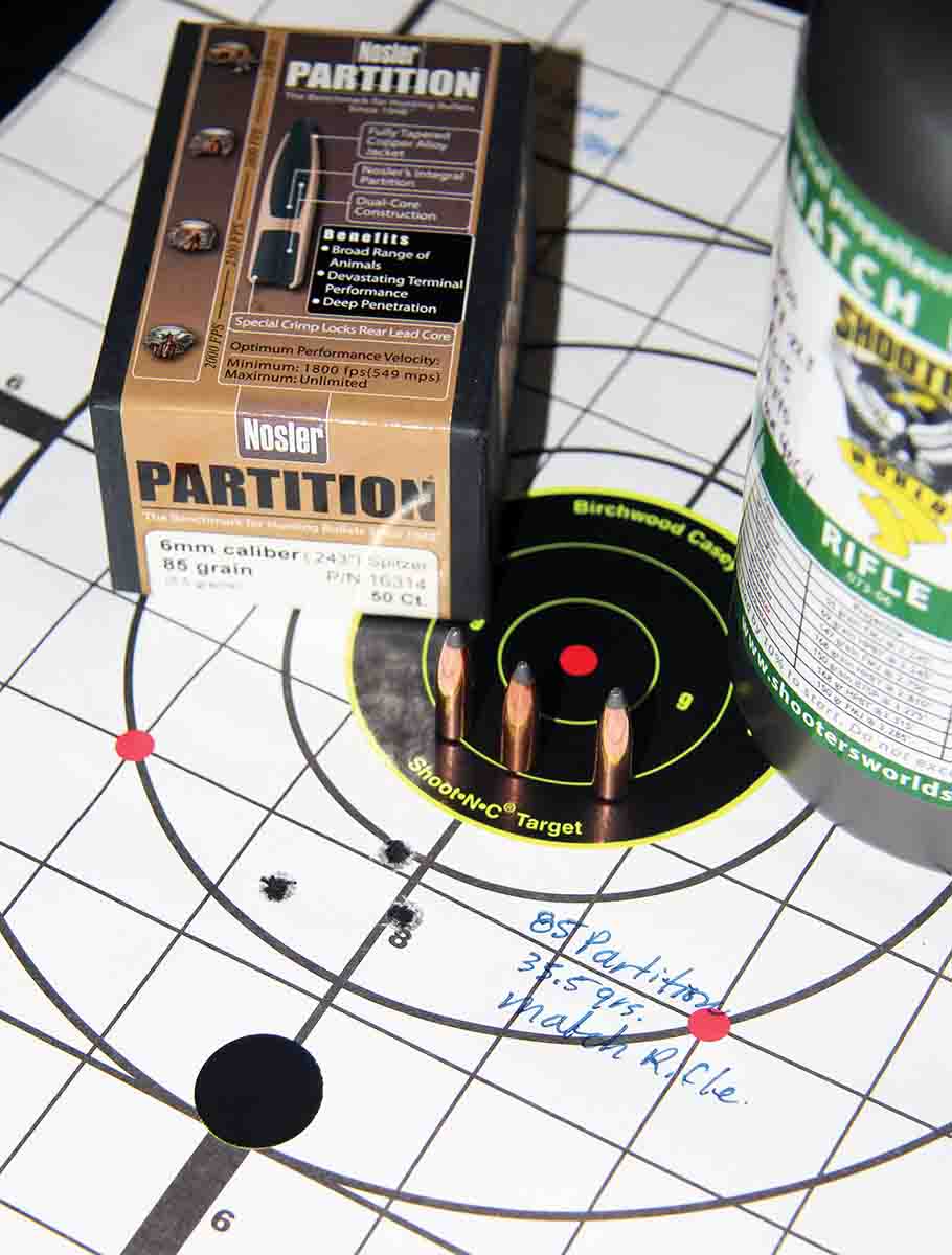 Nosler’s 85-grain Partition produced a sub-MOA group loaded over 35.5 grains of Shooters World Match Rifle at a velocity of 2,689 fps.
